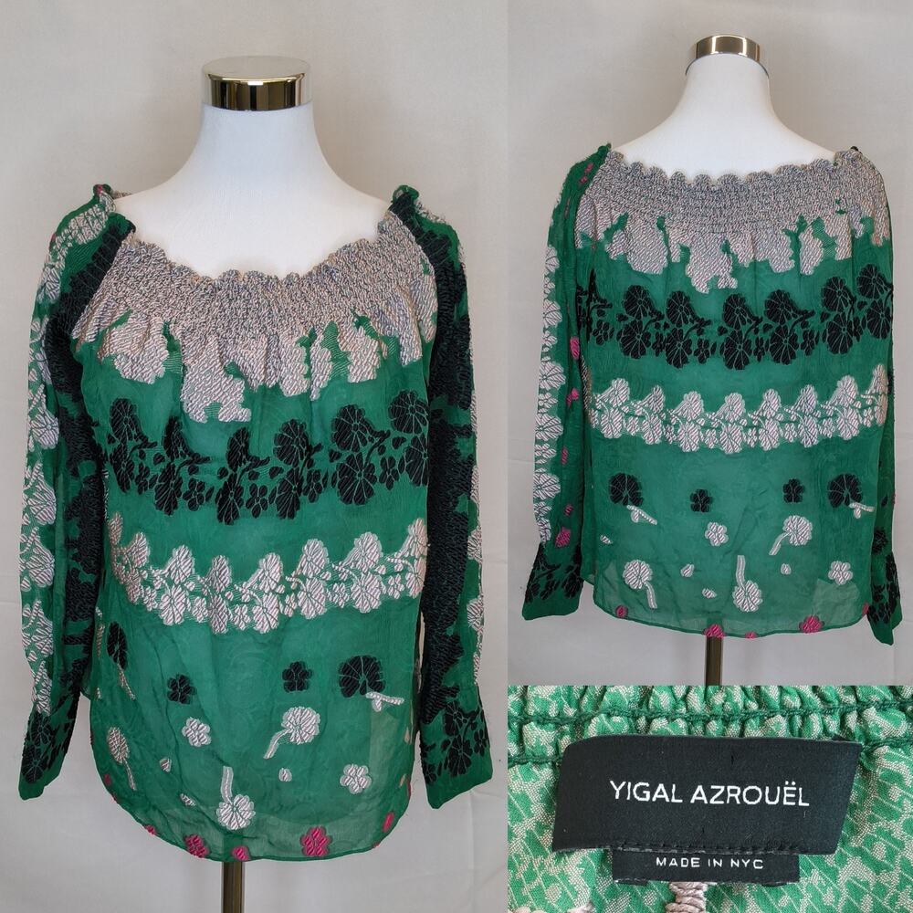 Yigal Azrouel Off The Shoulder Blouse Sheer Green Floral Women's 10 #W5477